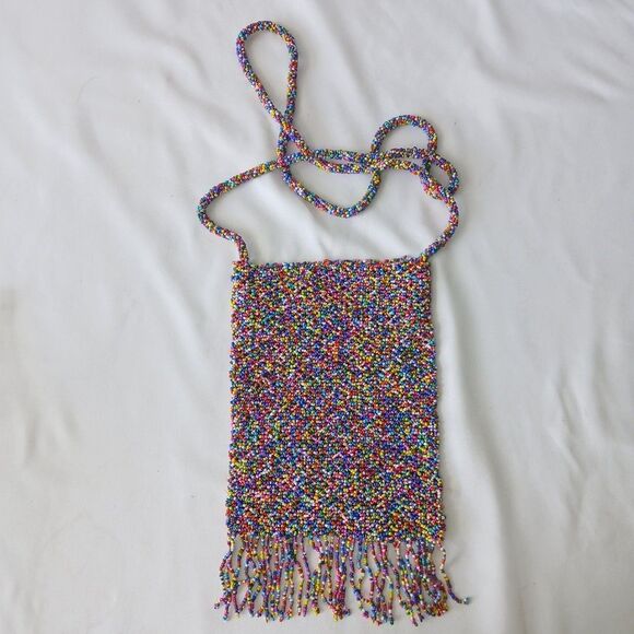 Beaded Small Crossbody Bag Purse Cell Phone Holder Seed Beads Fringe 7.5x5" - Picture 3 of 7